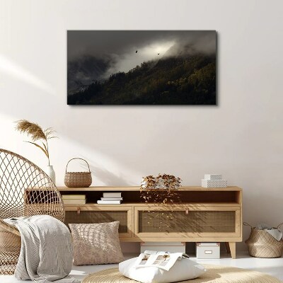 Foto op canvas Mistig bergpanorama met vogels