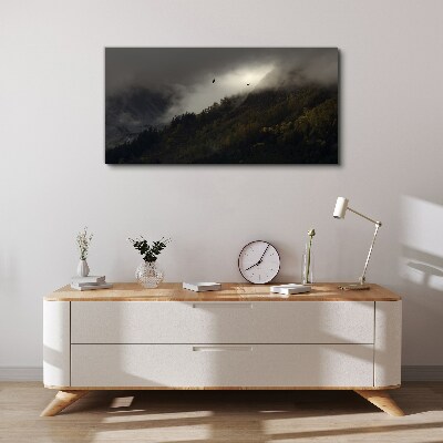 Foto op canvas Mistig bergpanorama met vogels