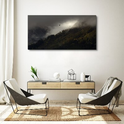 Foto op canvas Mistig bergpanorama met vogels