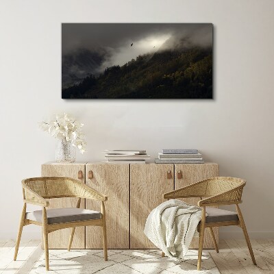Foto op canvas Mistig bergpanorama met vogels