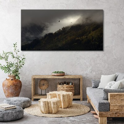 Foto op canvas Mistig bergpanorama met vogels