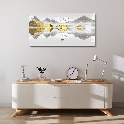 Foto op canvas Gouden bergen in mystieke weerspiegeling