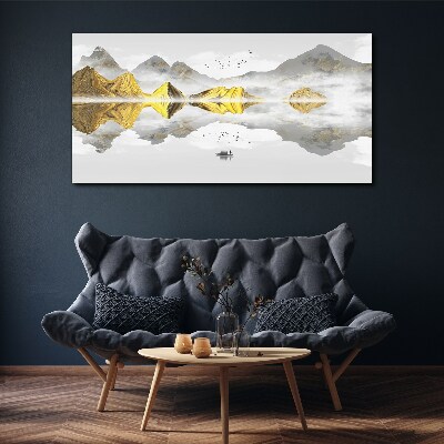 Foto op canvas Gouden bergen in mystieke weerspiegeling