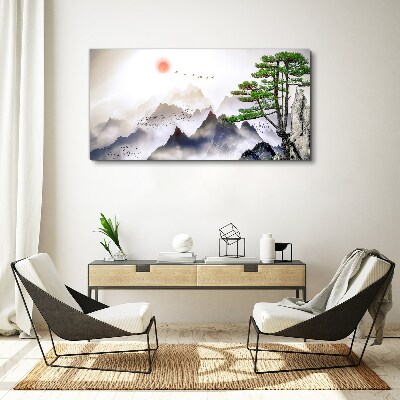 Canvas schilderij Bergen en vogels in het ochtendlicht