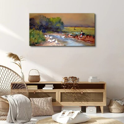 Foto op canvas Een vredig landschap met eenden aan de rivier