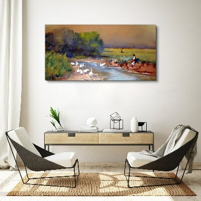 Foto op canvas Een vredig landschap met eenden aan de rivier