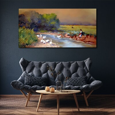 Foto op canvas Een vredig landschap met eenden aan de rivier