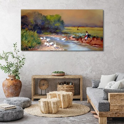 Foto op canvas Een vredig landschap met eenden aan de rivier