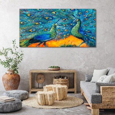 Schilderij op doek Dansende pauwen in een kleurrijk schouwspel