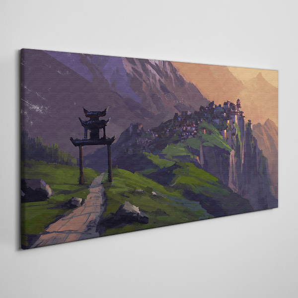 Canvas schilderij Mistig berglandschap met een pagode