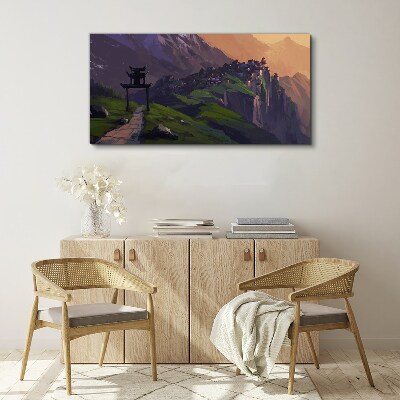 Canvas schilderij Mistig berglandschap met een pagode