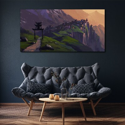 Canvas schilderij Mistig berglandschap met een pagode