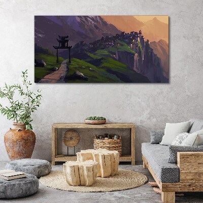 Canvas schilderij Mistig berglandschap met een pagode
