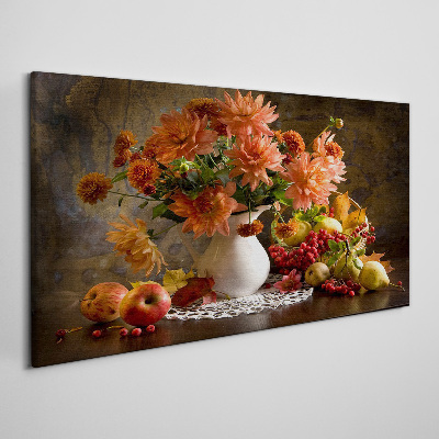 Schilderij op doek Bloemen en fruit in een vaas