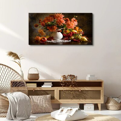 Schilderij op doek Bloemen en fruit in een vaas
