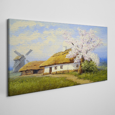 Foto op canvas Landelijk landschap met een molen en bloemen