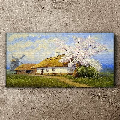 Foto op canvas Landelijk landschap met een molen en bloemen