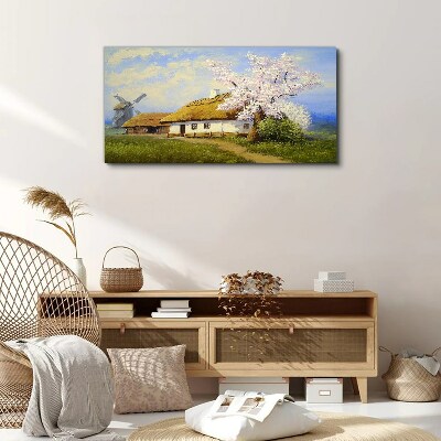 Foto op canvas Landelijk landschap met een molen en bloemen