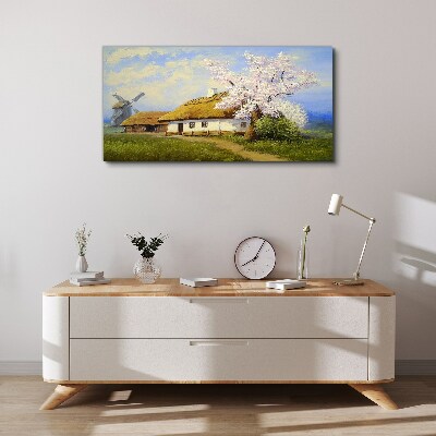 Foto op canvas Landelijk landschap met een molen en bloemen
