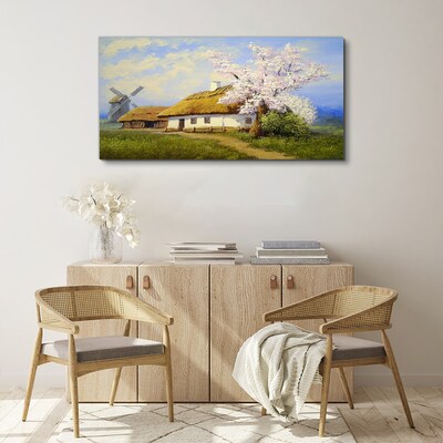 Foto op canvas Landelijk landschap met een molen en bloemen