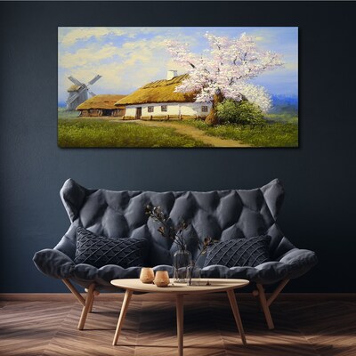 Foto op canvas Landelijk landschap met een molen en bloemen