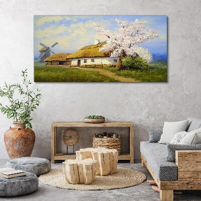 Foto op canvas Landelijk landschap met een molen en bloemen