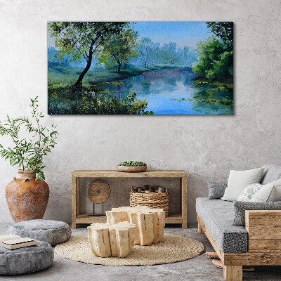 Schilderij op doek Een vredig landschap aan de rivier
