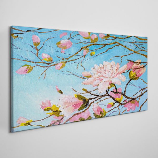 Canvas schilderij Magnoliabloemen op een blauwe achtergrond