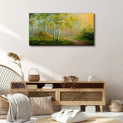 Schilderij op doek Bospad in gouden mist