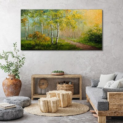 Schilderij op doek Bospad in gouden mist