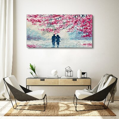 Canvas schilderij Een lentewandeling onder de bloeiende bomen