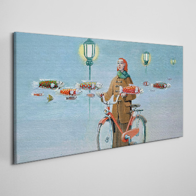 Schilderij op doek De visreis van een fietser