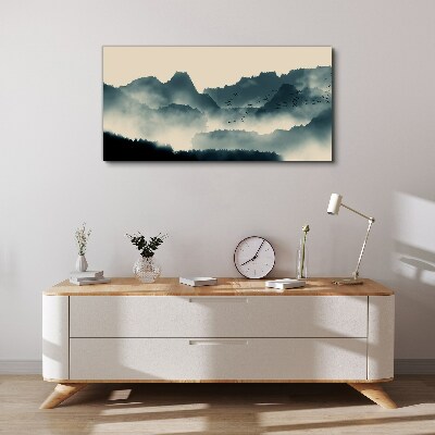 Canvas schilderij Mistig berglandschap met vogels