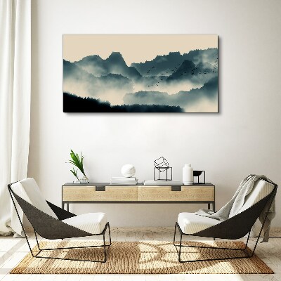 Canvas schilderij Mistig berglandschap met vogels