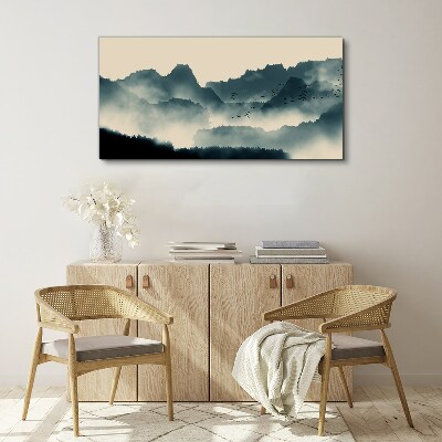 Canvas schilderij Mistig berglandschap met vogels
