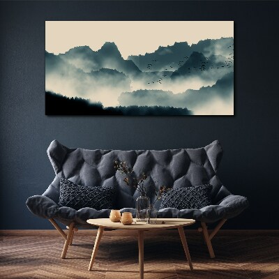 Canvas schilderij Mistig berglandschap met vogels