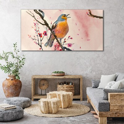 Schilderij op doek Een zingende vogel in een lentelandschap