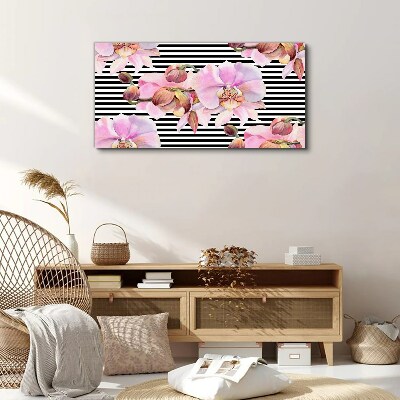 Schilderij op doek Orchideeën op een achtergrond van zwarte strepen