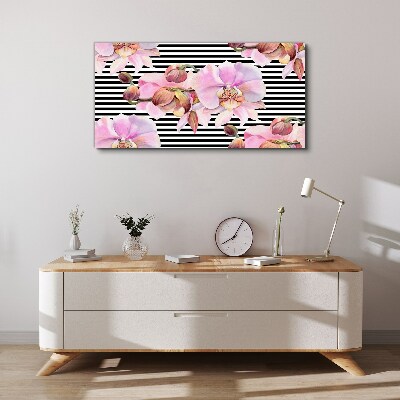 Schilderij op doek Orchideeën op een achtergrond van zwarte strepen