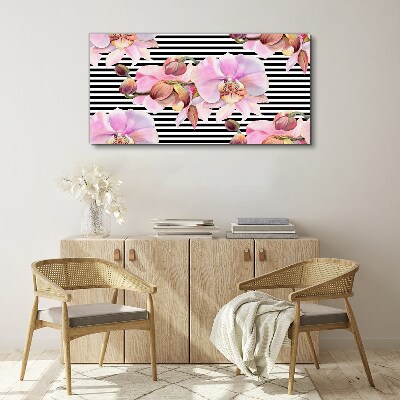 Schilderij op doek Orchideeën op een achtergrond van zwarte strepen