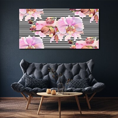 Schilderij op doek Orchideeën op een achtergrond van zwarte strepen