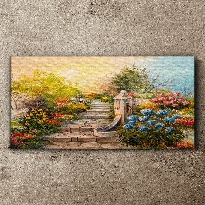 Schilderij op doek Bloementuin met fontein