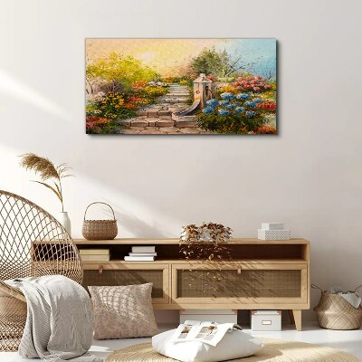 Schilderij op doek Bloementuin met fontein