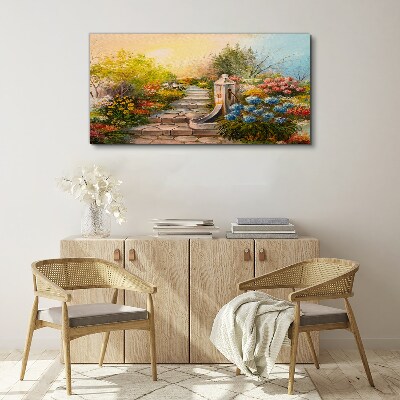 Schilderij op doek Bloementuin met fontein