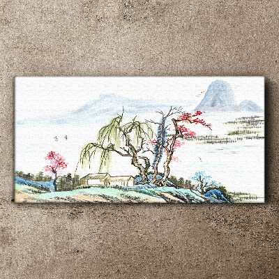 Foto op canvas Een vredig landschap met bomen en een huis