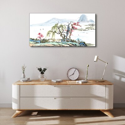 Foto op canvas Een vredig landschap met bomen en een huis