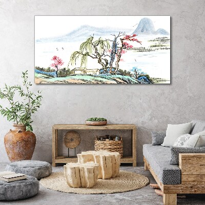 Foto op canvas Een vredig landschap met bomen en een huis