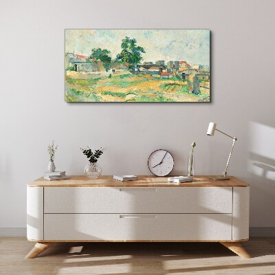 Foto op canvas Landschap met een boom en gebouwen