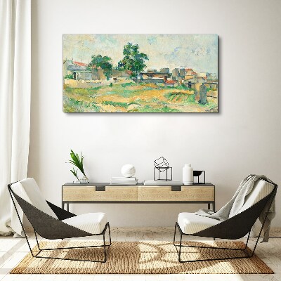 Foto op canvas Landschap met een boom en gebouwen