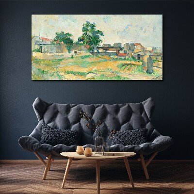 Foto op canvas Landschap met een boom en gebouwen